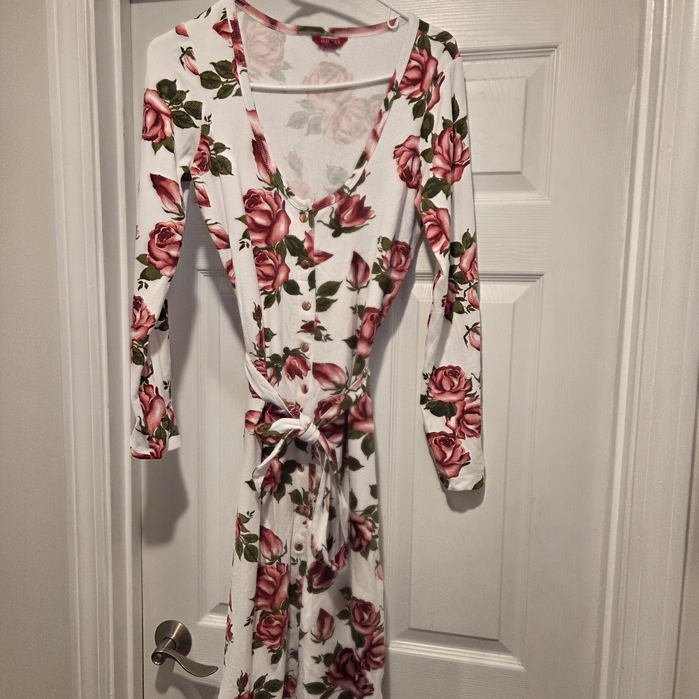 Guess Rose Print Long Sleeve Dress - White and Red